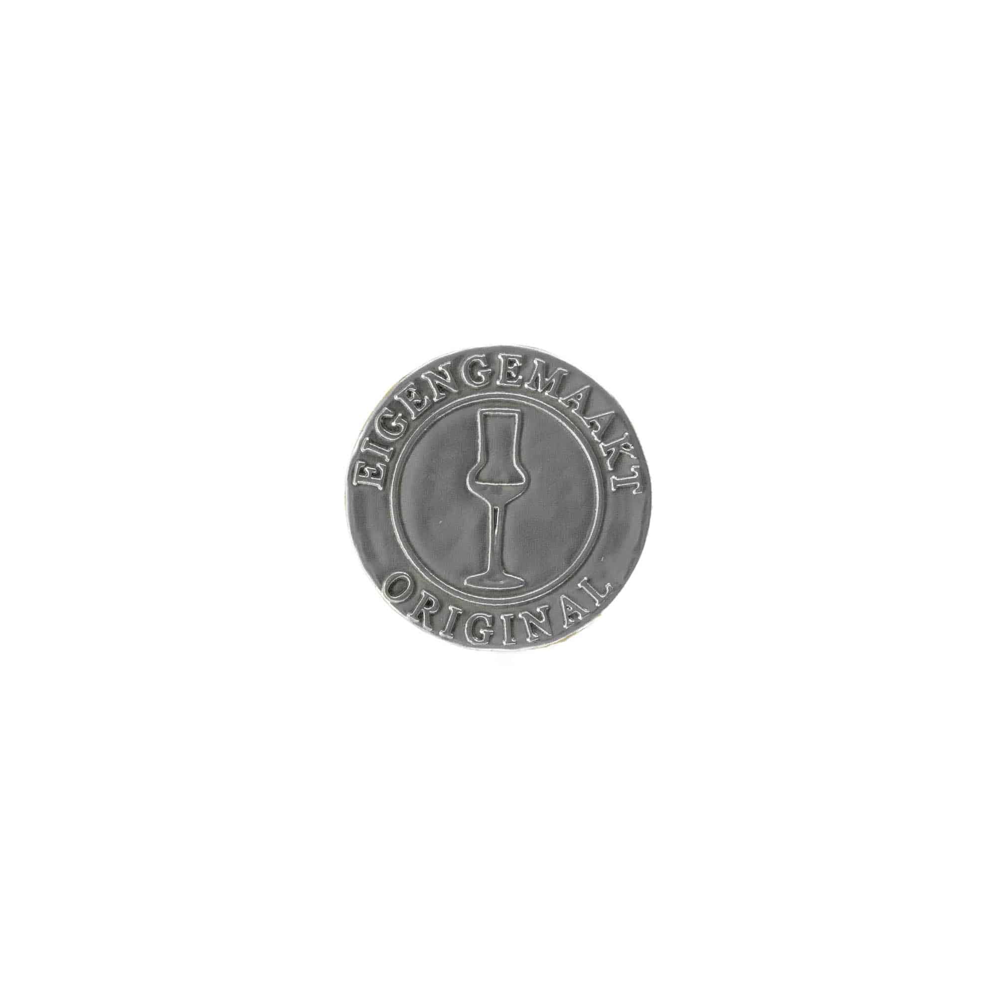 Limena etiketa 'Eigengemaakt', okrugla, metal, srebrna Limena etiketa 'Eigengemaakt', okrugla, metal, srebrna