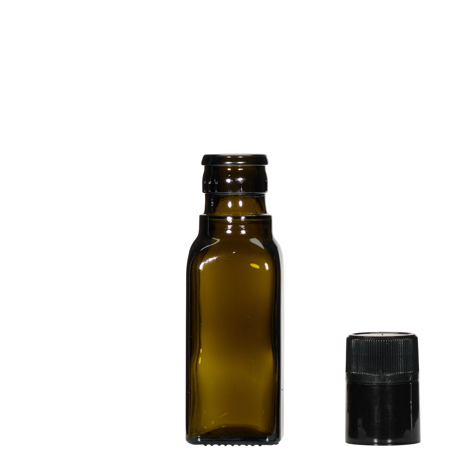 100 ml boca za sirće/ulje „Quadra“, staklo, kvadratna, antikno zelena, grlo: DOP