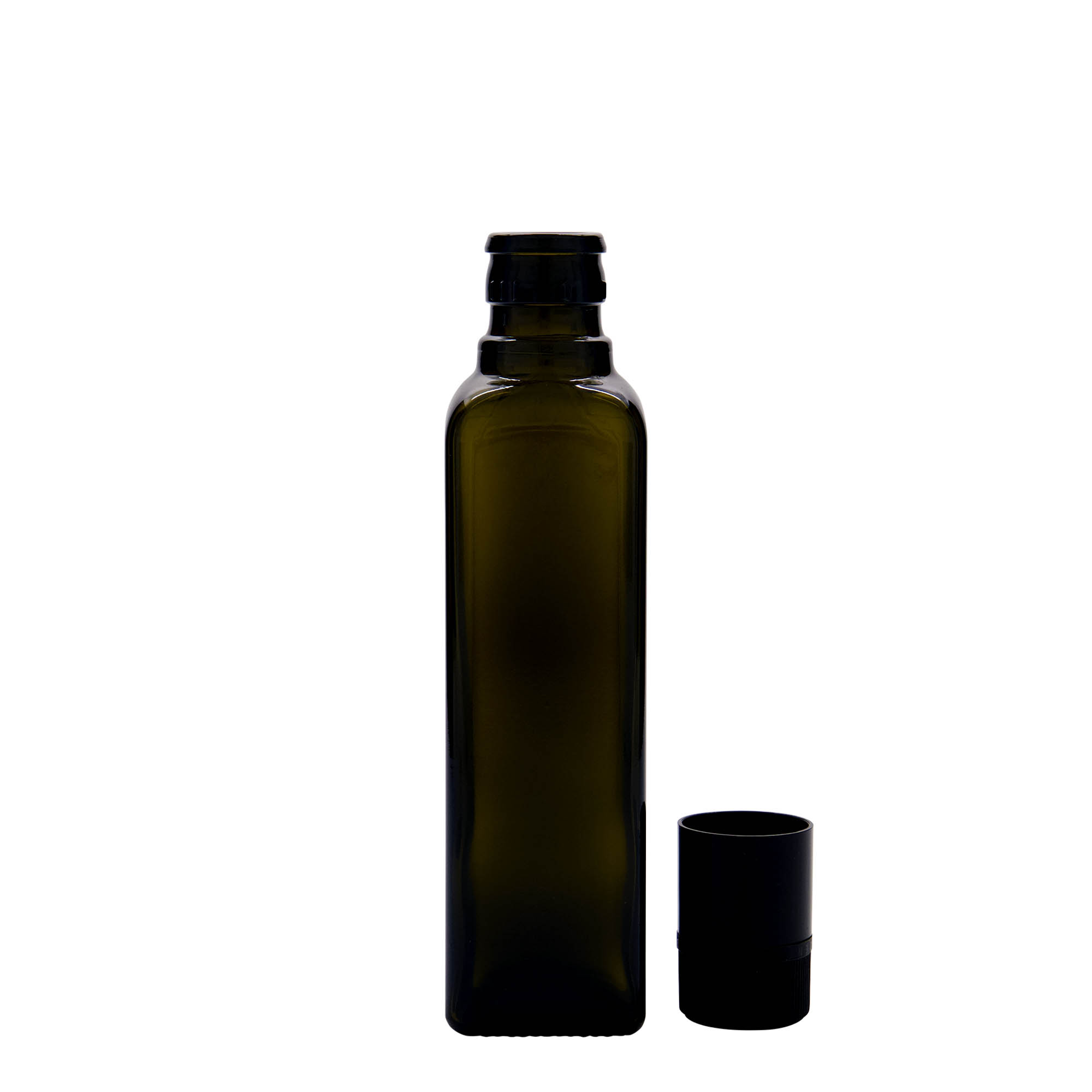 250 ml boca za sirće/ulje „Quadra“, staklo, kvadratna, antikno zelena, grlo: DOP