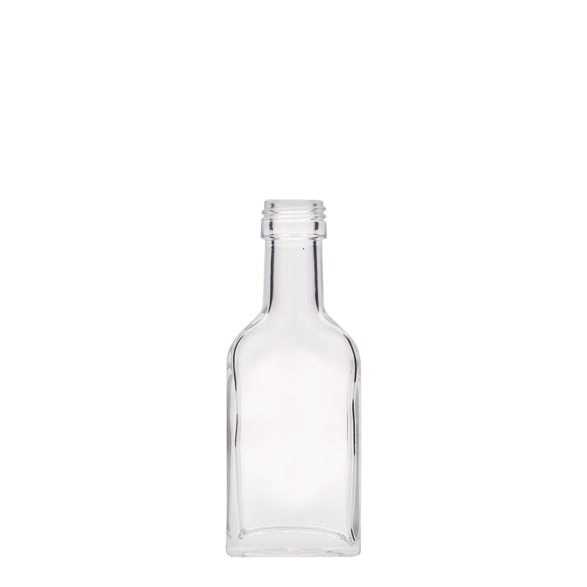 40 ml bočica za džep dugog vrata, pravougaona, staklena, grlo: PP 22 40 ml bočica za džep dugog vrata, pravougaona, staklena, grlo: PP 22