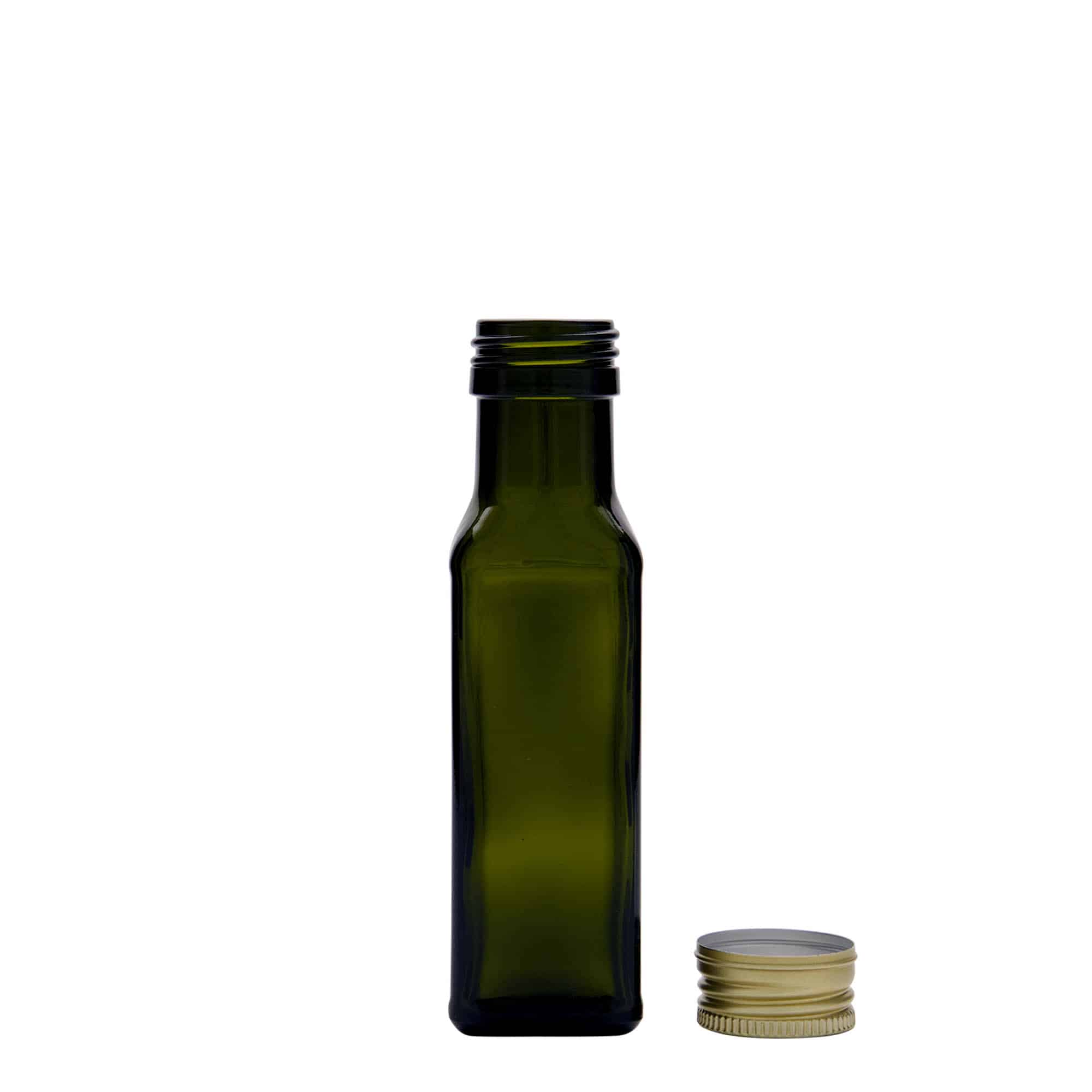 Staklena flaša 100 ml 'Marasca', kvadratna, antikno zelena, otvor: PP 31,5 Staklena flaša 100 ml 'Marasca', kvadratna, antikno zelena, otvor: PP 31,5