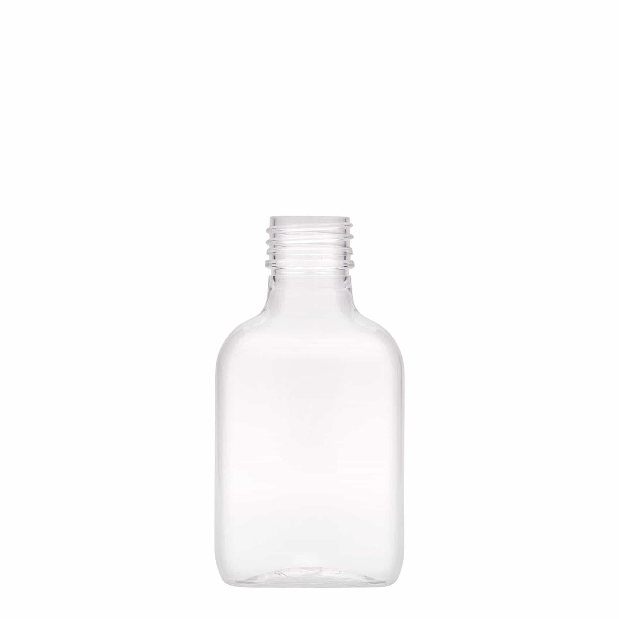 Džepna flaša 100 ml, ovalna, PET plastika, otvor: PP 28 Džepna flaša 100 ml, ovalna, PET plastika, otvor: PP 28