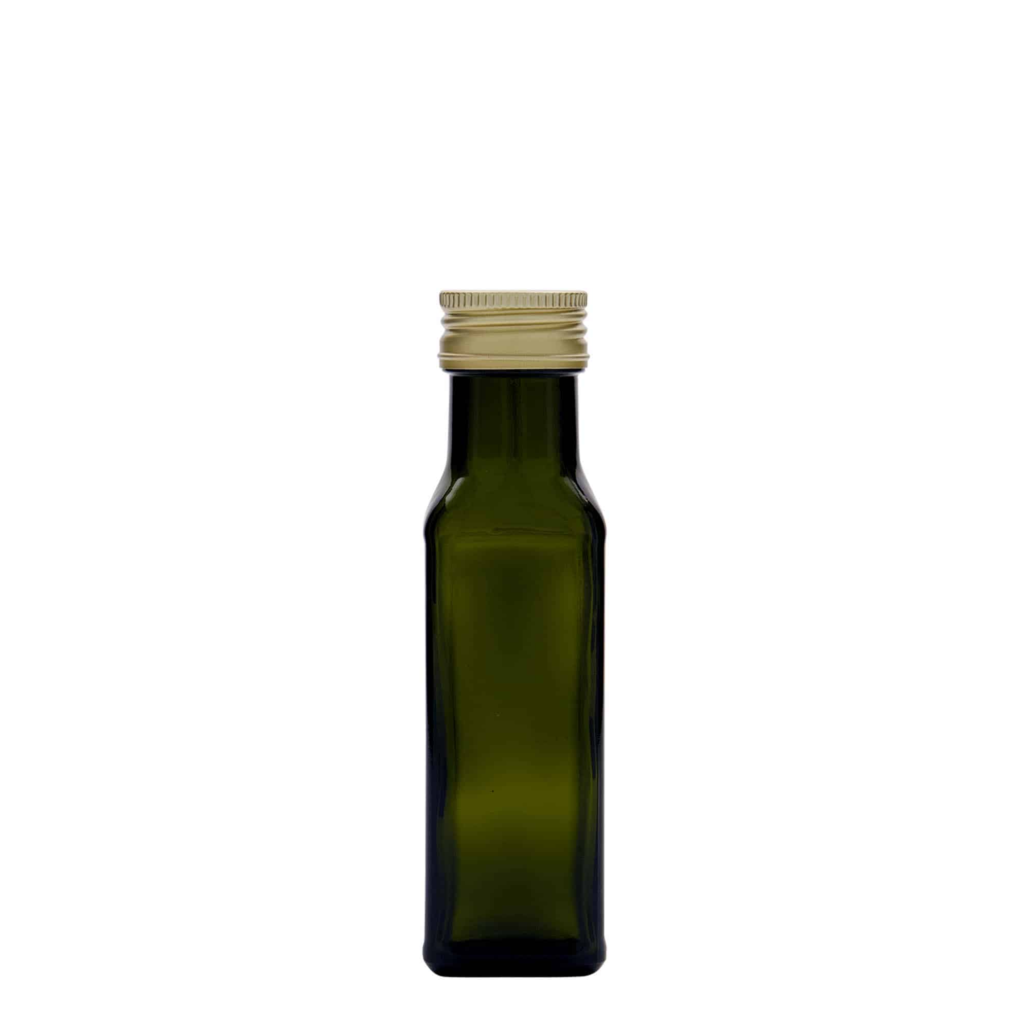 100 ml staklena boca „Marasca“, kvadratna, antikno zelena, grlo: PP 31,5