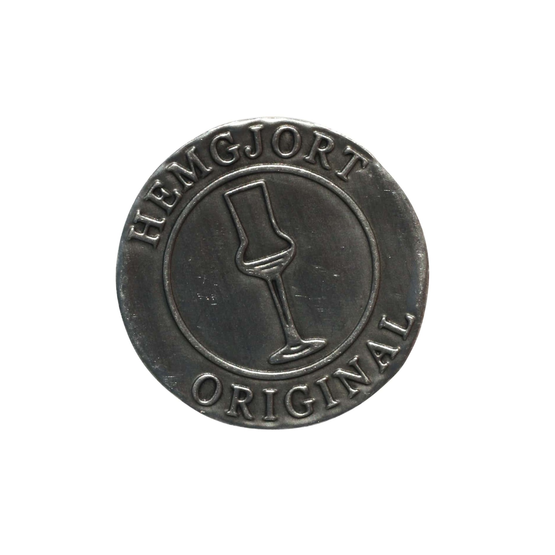 Oznaka od kalaja 'Hemgjort Original', okrugla, metalna, srebrna Oznaka od kalaja 'Hemgjort Original', okrugla, metalna, srebrna