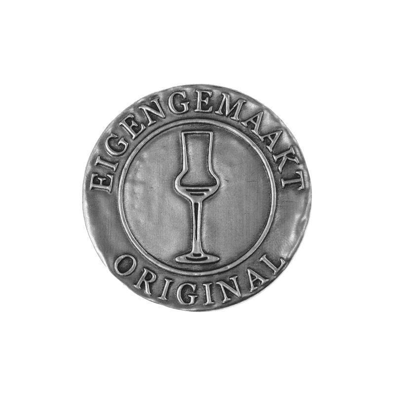 Pločica od kalaja 'Eigengemaakt', okrugla, metalna, srebrna Pločica od kalaja 'Eigengemaakt', okrugla, metalna, srebrna