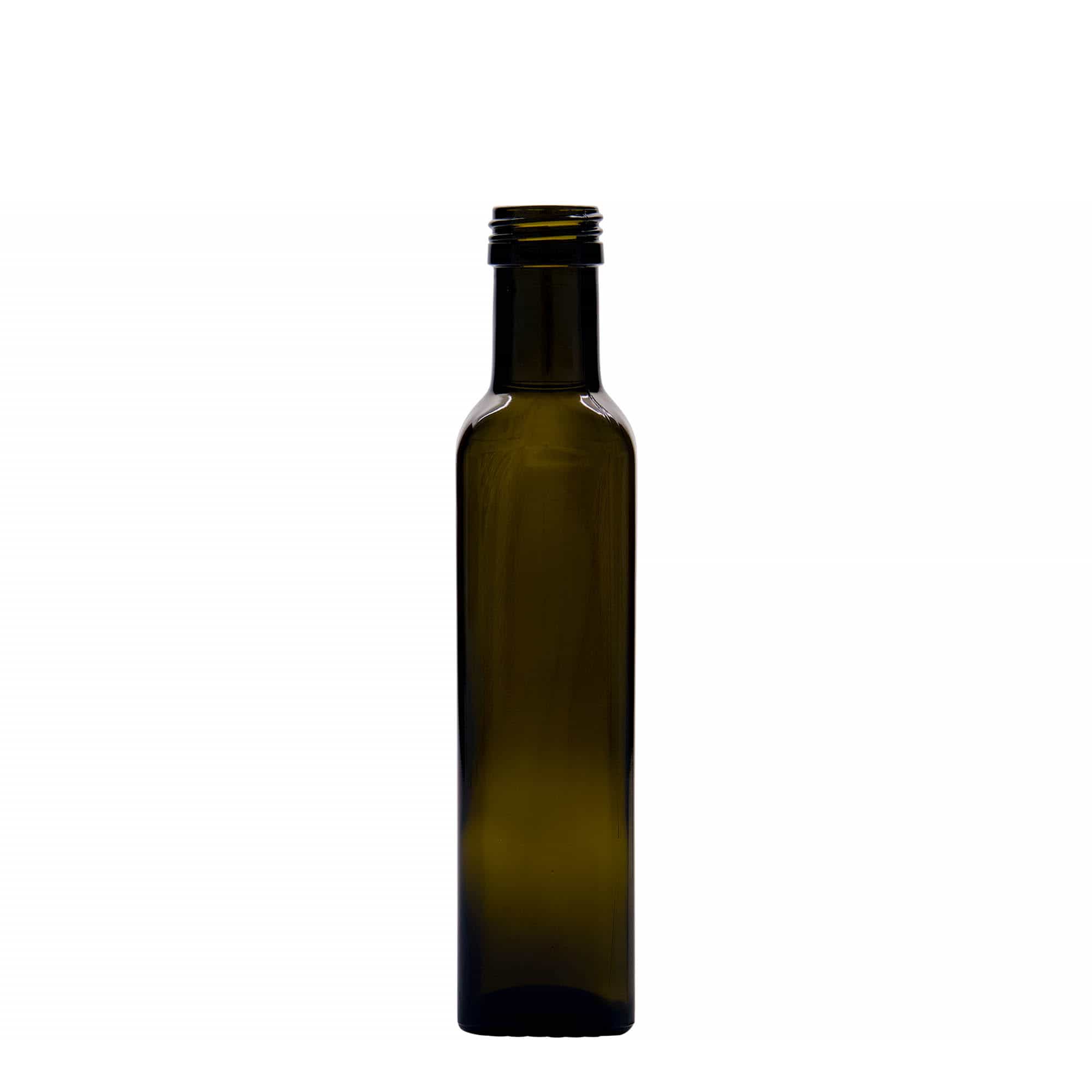 250 ml staklena boca 'Marasca', četvrtasta, antikno zelena, grlo: PP 31,5