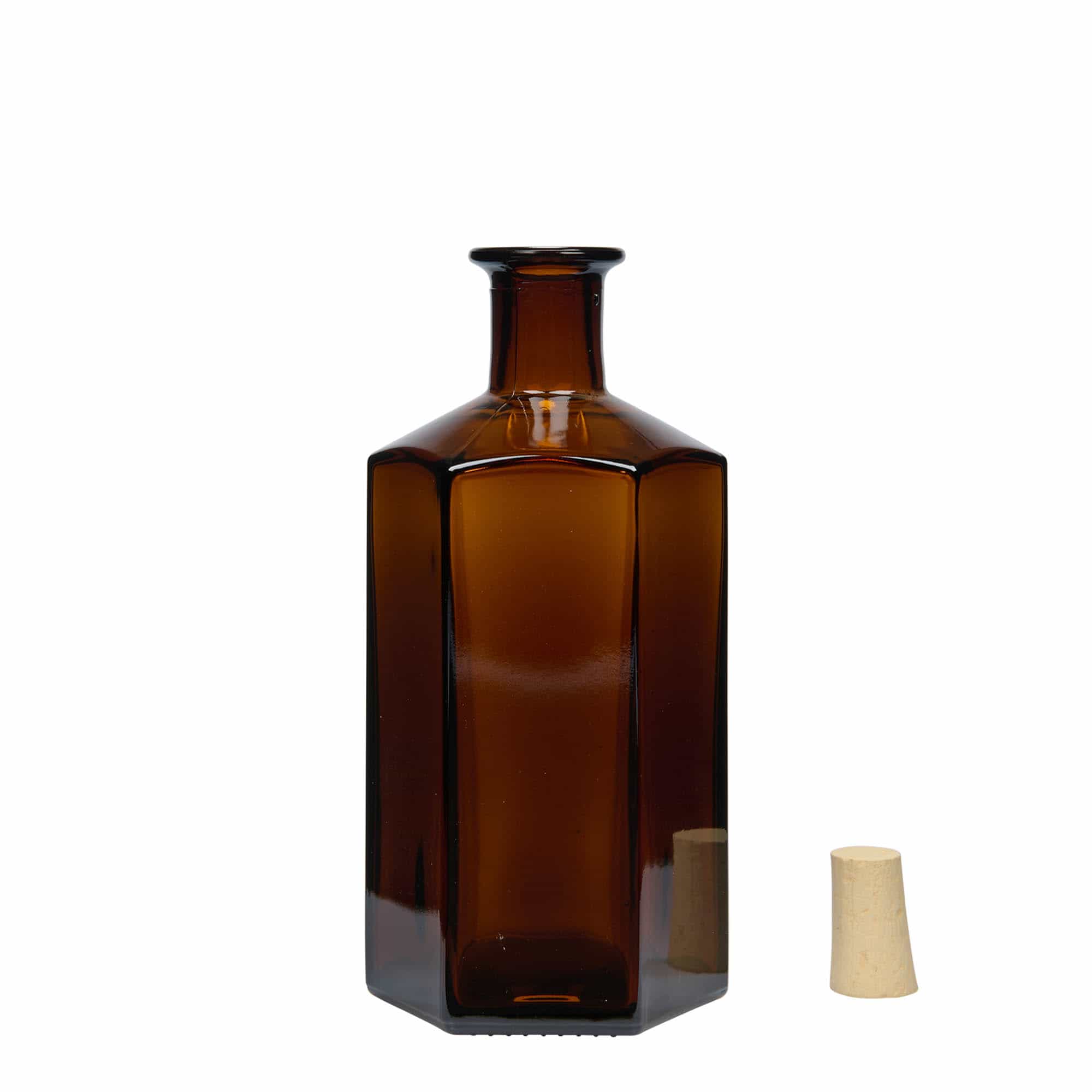 Staklena boca farmaceut 'Jimmy' od 500 ml. hexagonal. braon. Usta: pluta
