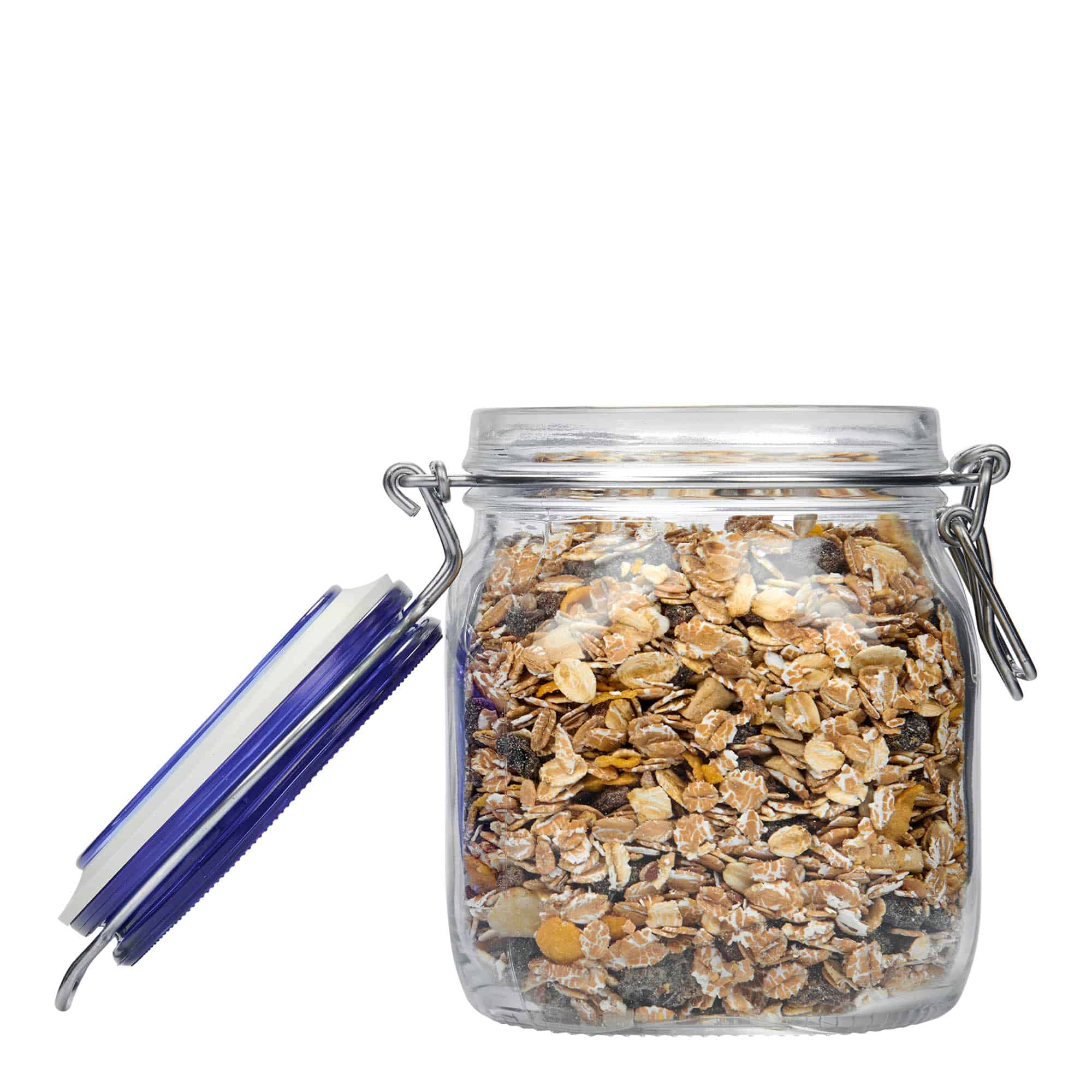 750 ml staklena tegla sa žičanim zatvaračem 'Fido' plavi poklopac, kvadratna, grlo: žičani zatvarač 750 ml staklena tegla sa žičanim zatvaračem 'Fido' plavi poklopac, kvadratna, grlo: žičani zatvarač