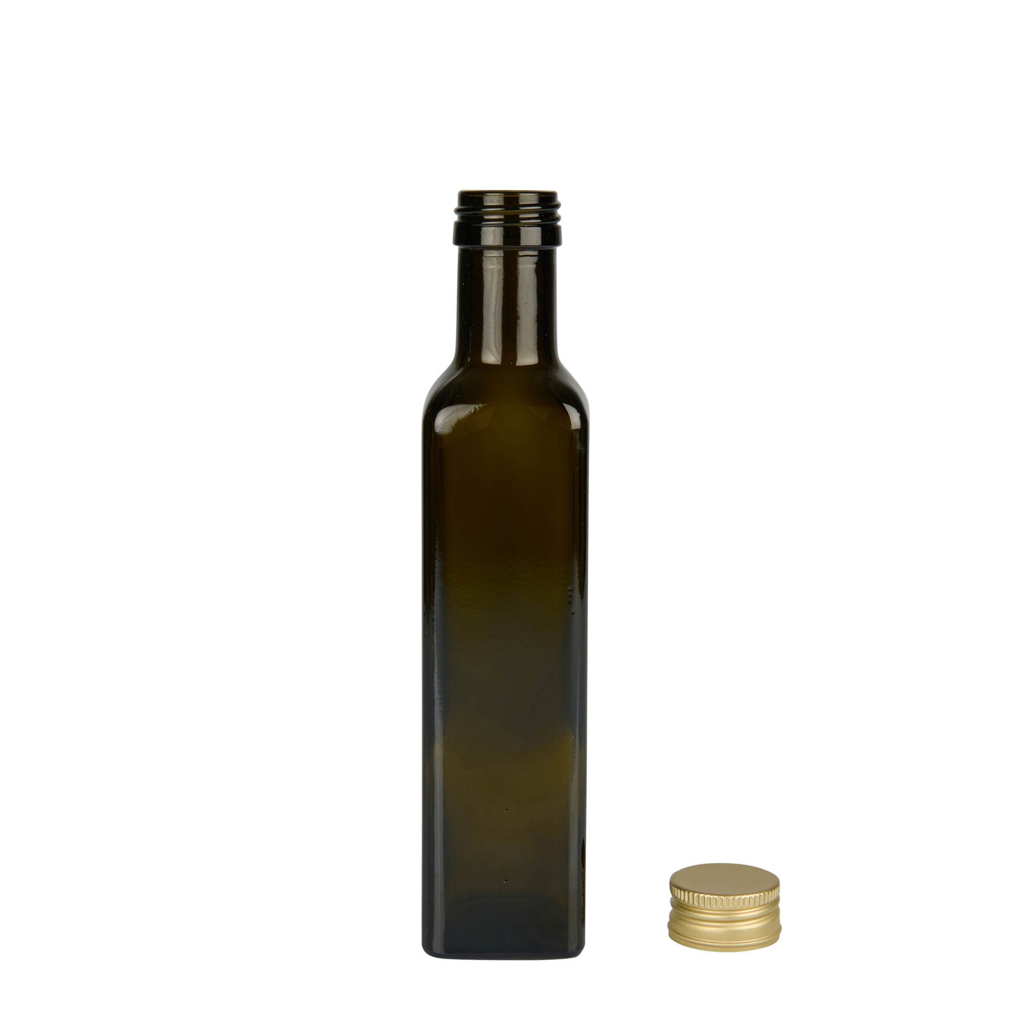 250 ml staklena boca „Marasca“, četvrtasta, antikno zelena, grlo: PP 31,5