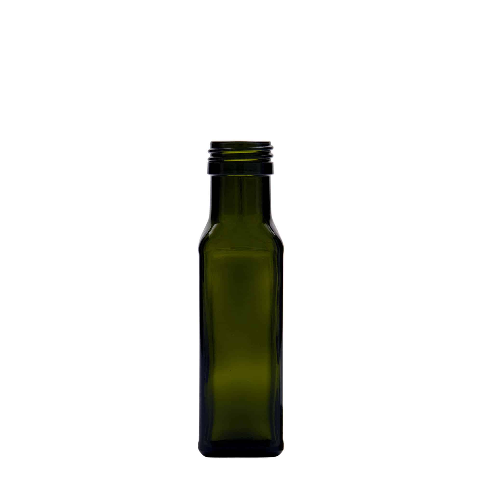 Staklena flaša 100 ml 'Marasca', kvadratna, antikno zelena, otvor: PP 31,5