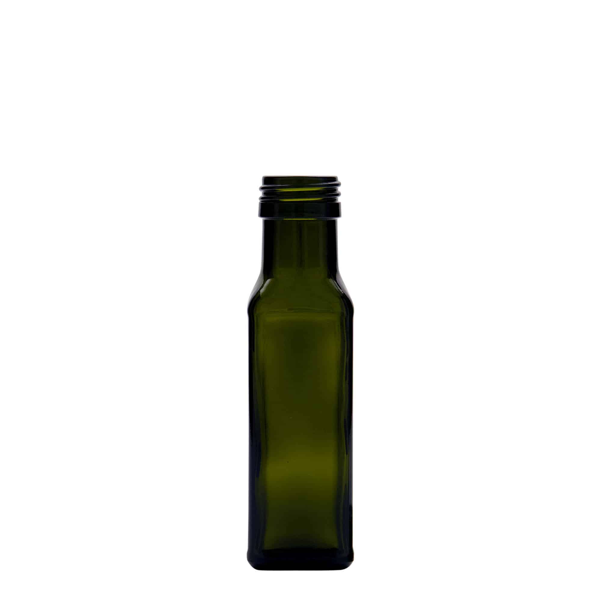 100 ml staklena boca „Marasca“, kvadratna, antikno zelena, grlo: PP 31,5