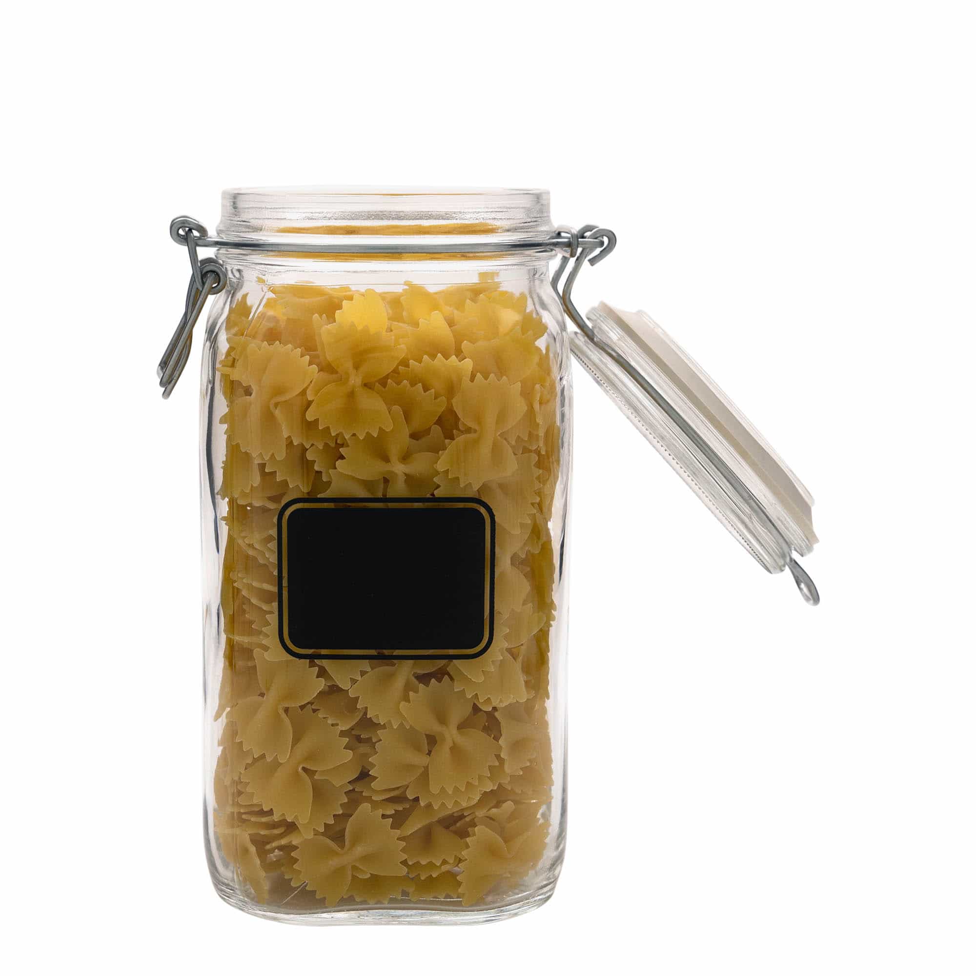 1.500 ml staklena tegla sa žičanim zatvaračem „Fido“, motiv: polje za etiketu, kvadratna, otvor: žični zatvarač