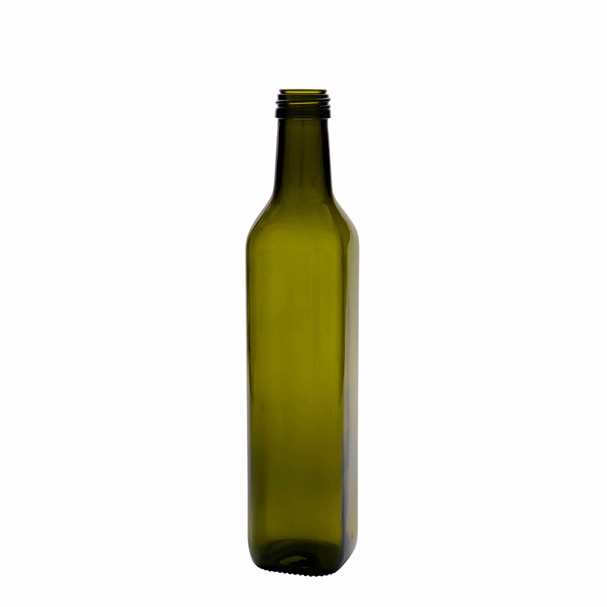 500 ml staklena boca 'Marasca', kvadratna, antikno zelena, grlo: PP 31,5