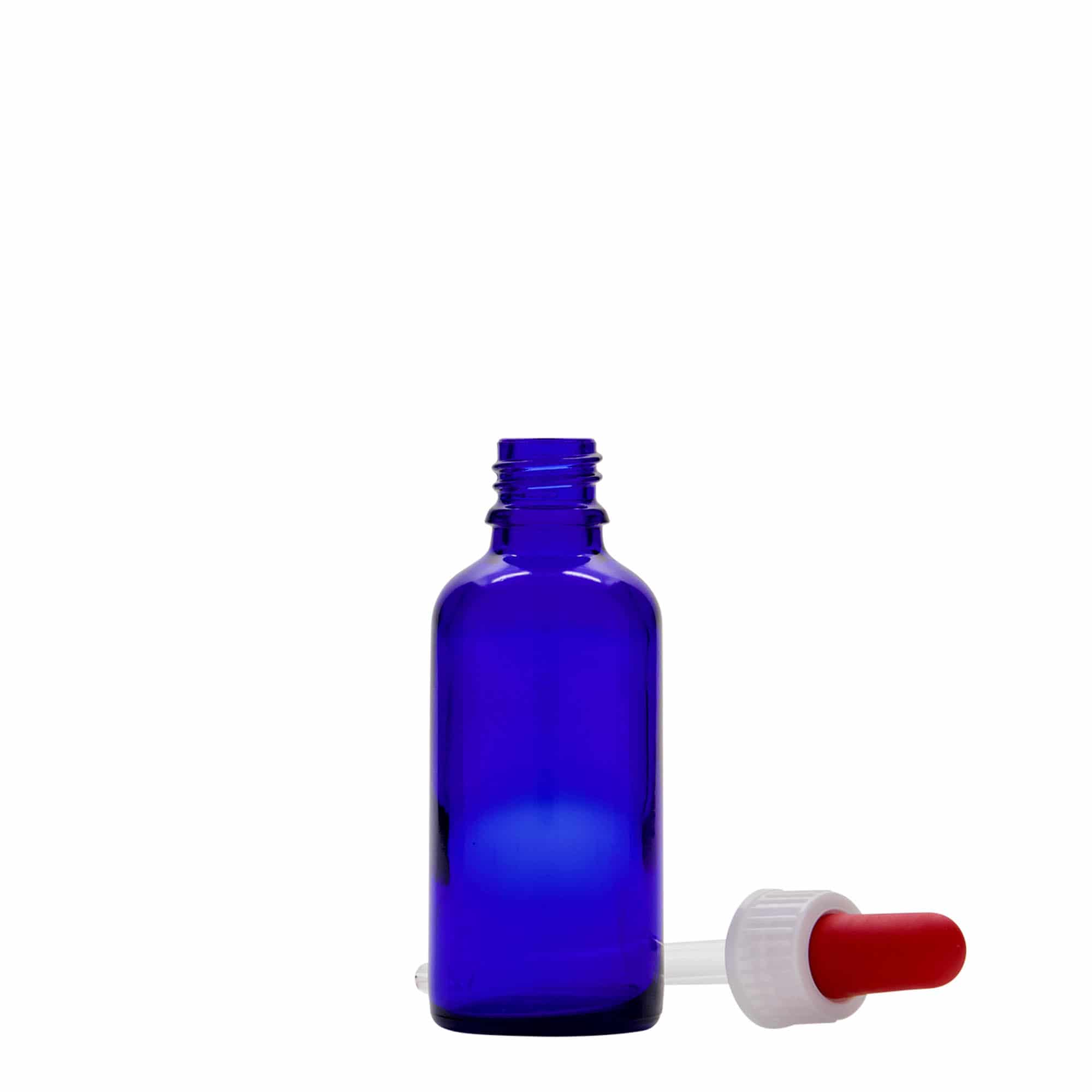 50 ml bočica s pipetom za medicinu, staklena, kraljevsko plava-crvena, grlo: DIN 18