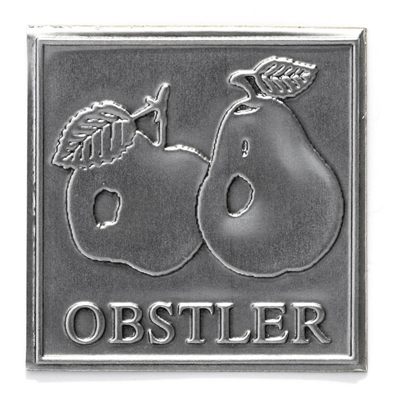 Oznaka od kositra 'Obstler', kvadratna, metal, srebrna Oznaka od kositra 'Obstler', kvadratna, metal, srebrna