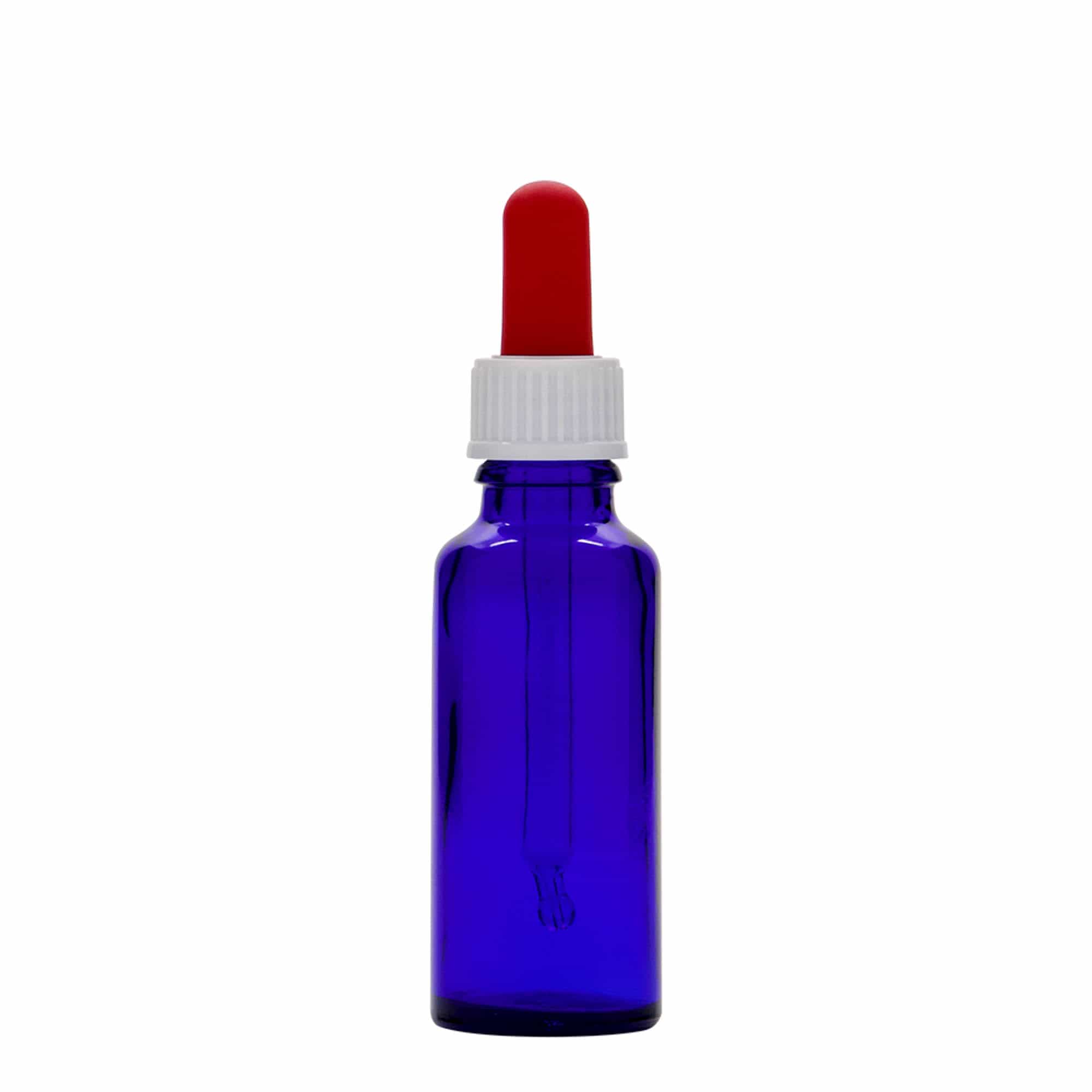 30 ml bočica s pipetom, medicinska, staklena, kraljevsko plavo-crvena, grlo: DIN 18
