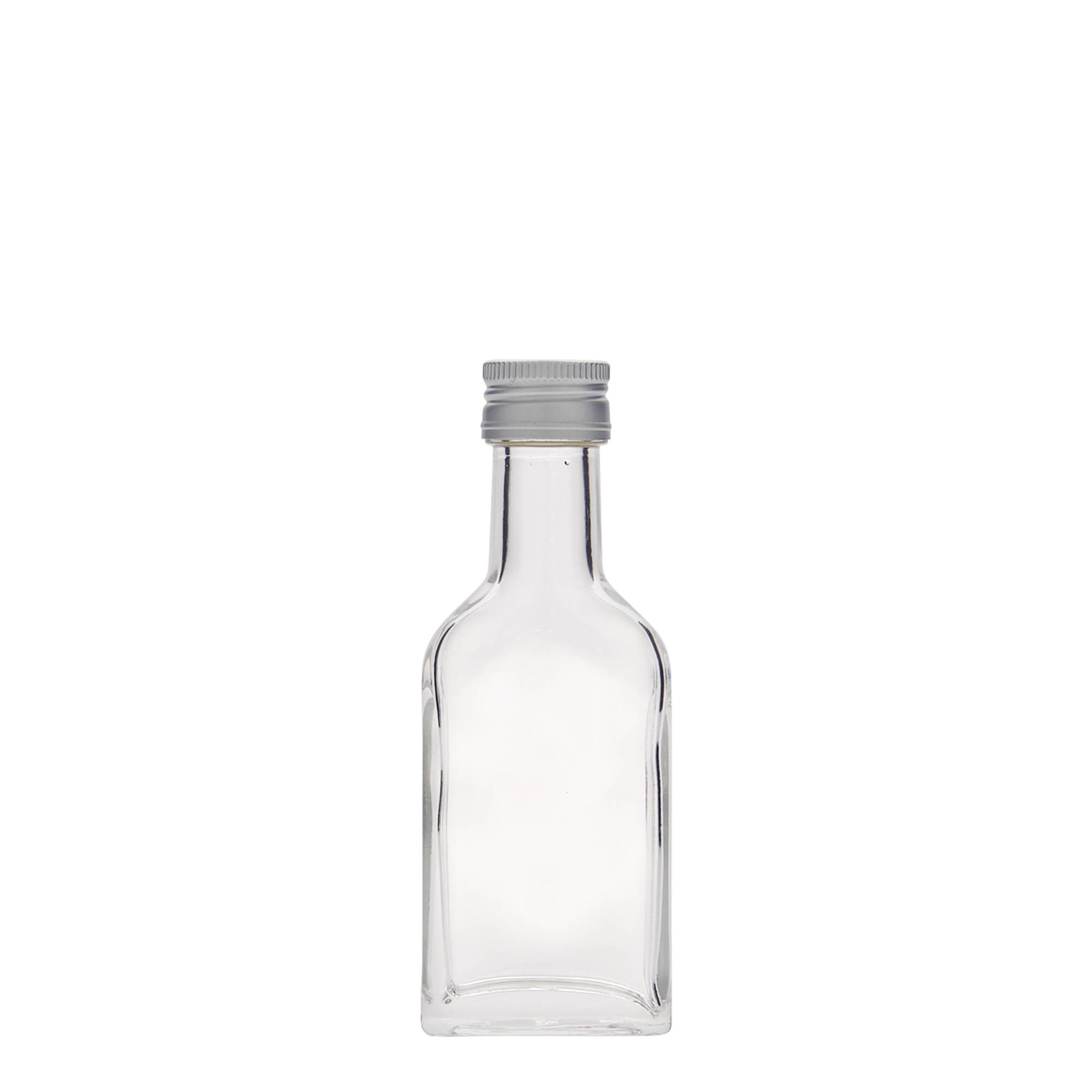 40 ml bočica za džep dugog vrata, pravougaona, staklena, grlo: PP 22 40 ml bočica za džep dugog vrata, pravougaona, staklena, grlo: PP 22