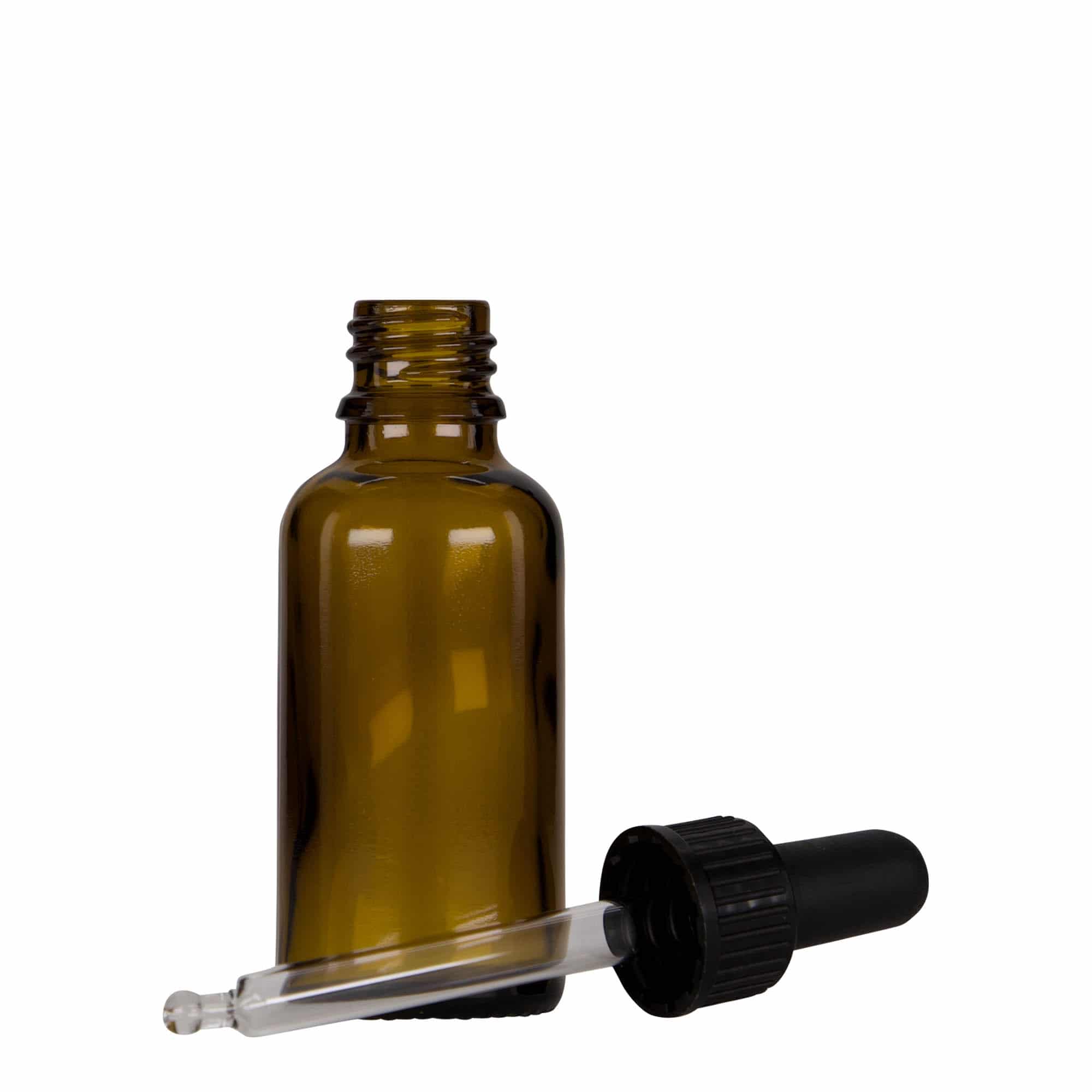 Medicinska flaša sa pipetom 30 ml, staklo, smeđe-crna, otvor: DIN 18