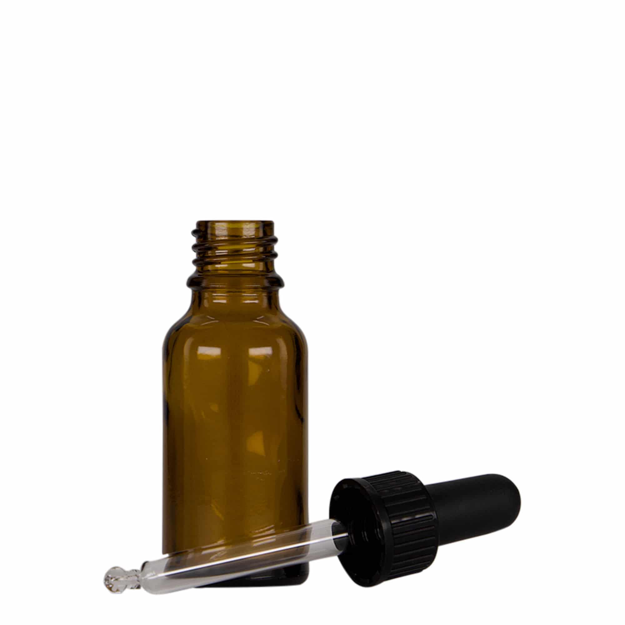20 ml bočica s pipetom za lijekove, staklena, smeđe-crna, grlo: DIN 18