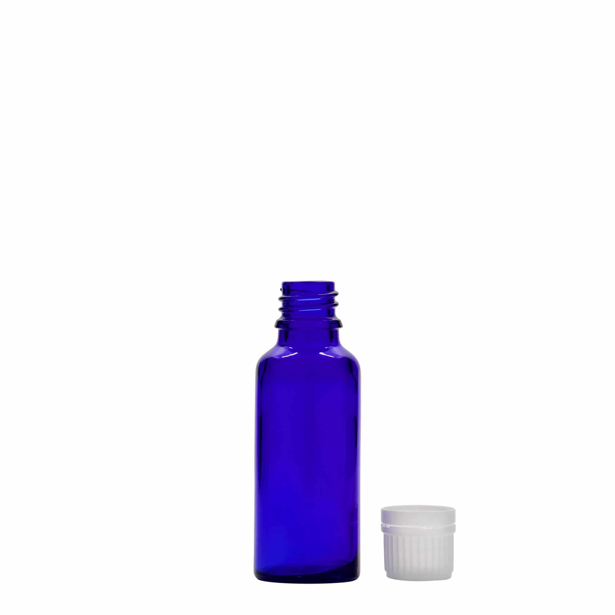 30 ml medicinska bočica, staklo, kraljevsko plava, grlo: DIN 18