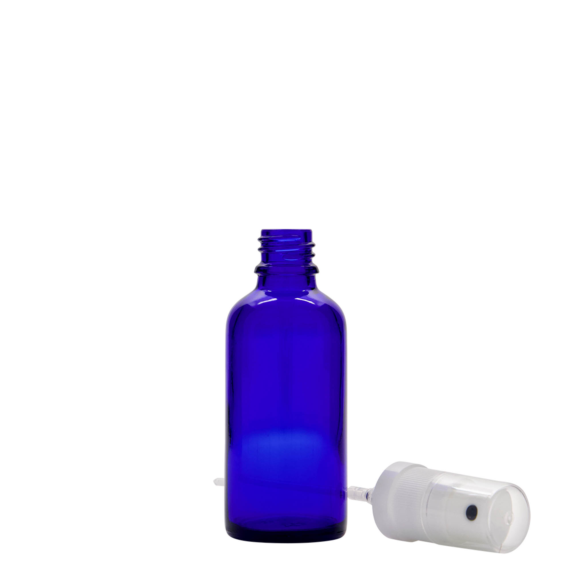 50 ml bočica sa raspršivačem, medicinska, staklena, kraljevsko plava, grlo: DIN 18 50 ml bočica sa raspršivačem, medicinska, staklena, kraljevsko plava, grlo: DIN 18