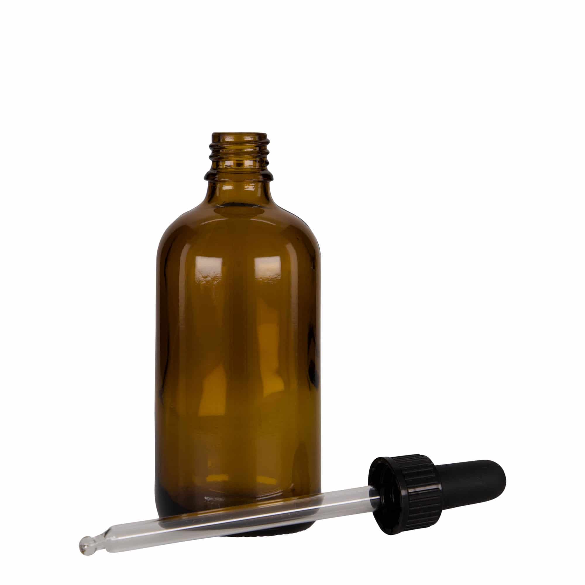 Medicinska flaša sa pipetom 100 ml, staklo, smeđe-crna, otvor: DIN 18