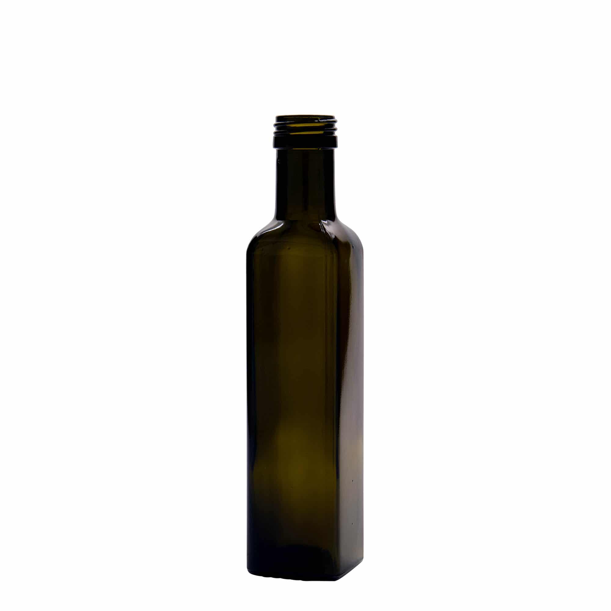 Staklena flaša 250 ml 'Marasca', kvadratna, antikno zelena, otvor: PP 31,5