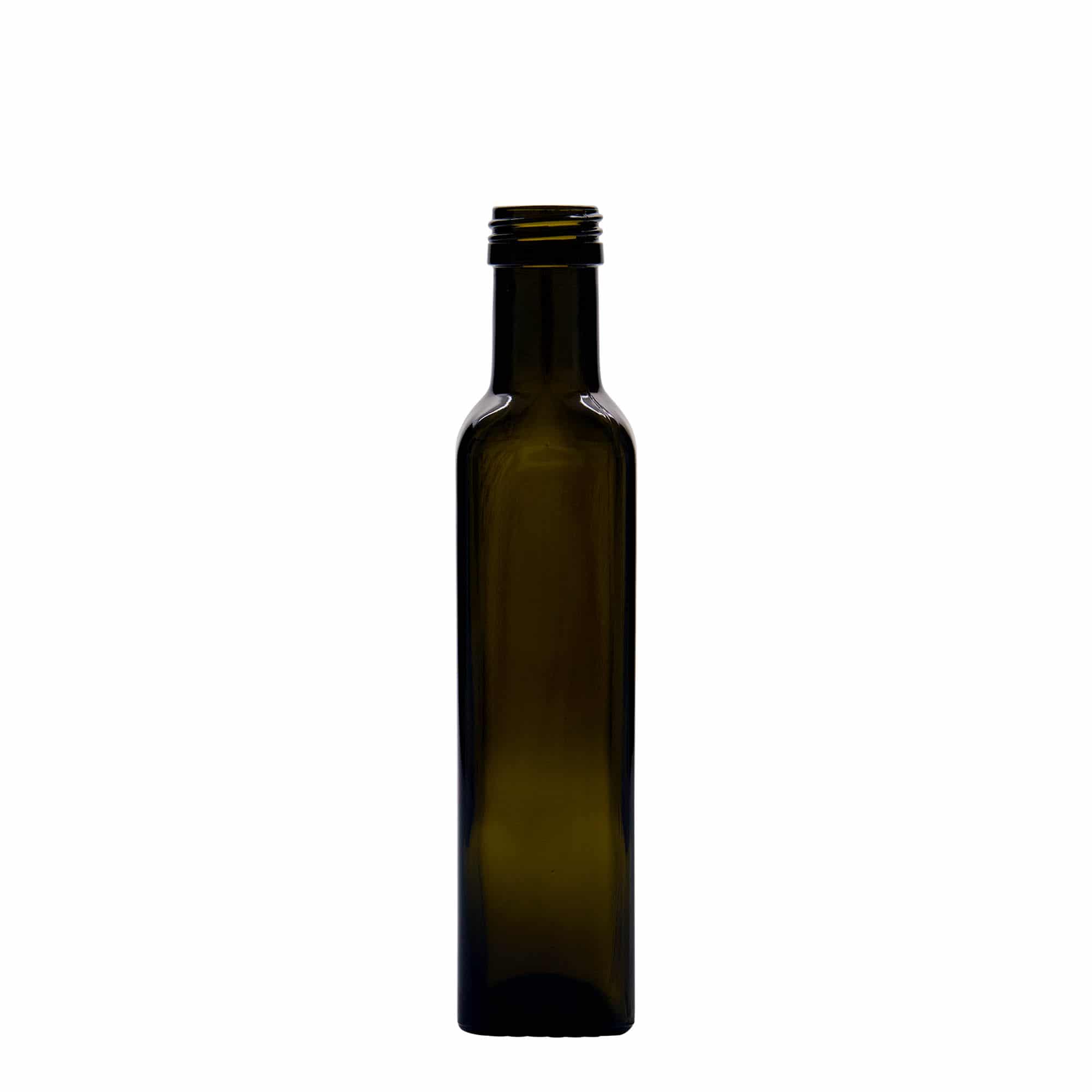 Staklena flaša 250 ml 'Marasca', kvadratna, antikno zelena, otvor: PP 31,5 Staklena flaša 250 ml 'Marasca', kvadratna, antikno zelena, otvor: PP 31,5
