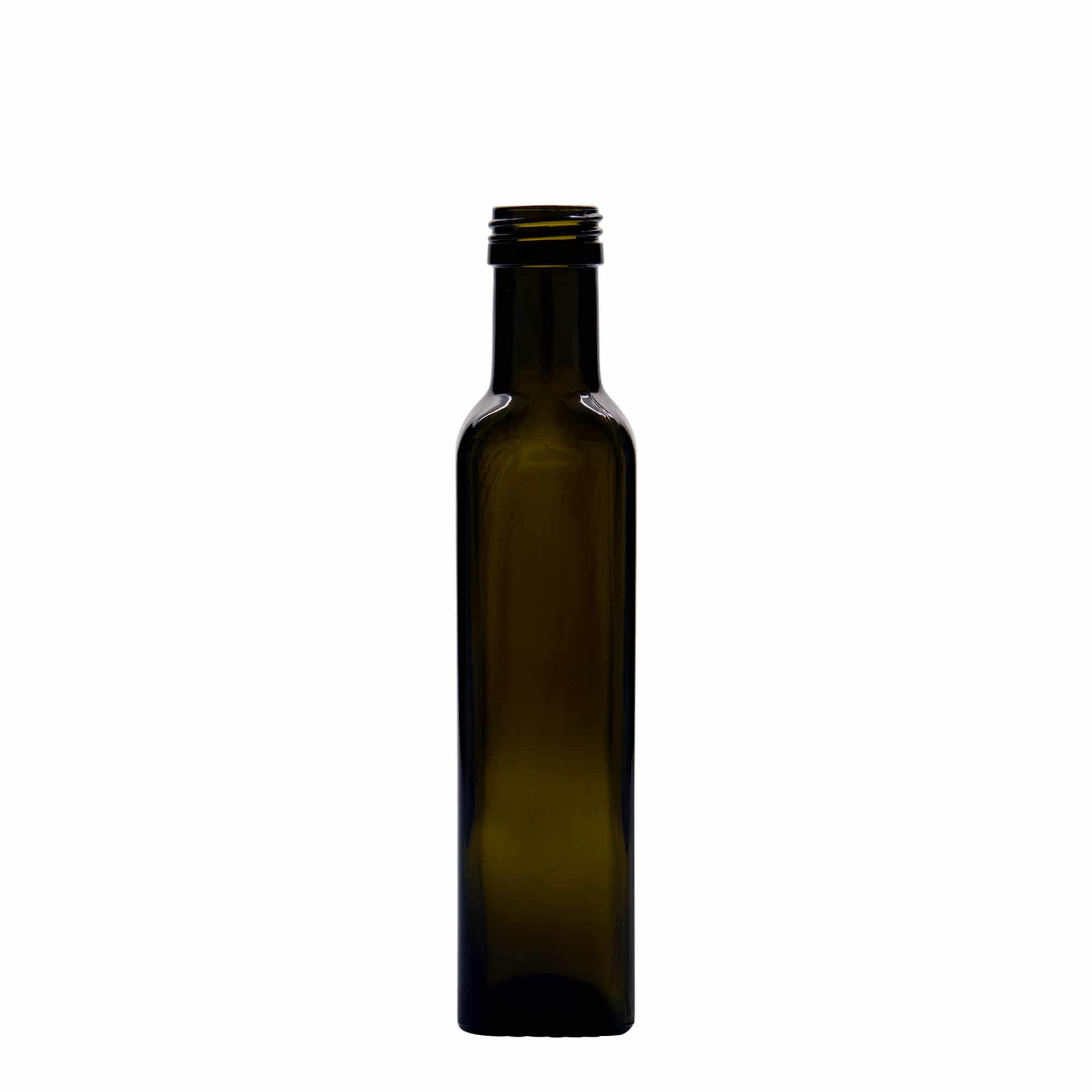 250 ml staklena boca 'Marasca', četvrtasta, antikno zelena, grlo: PP 31,5
