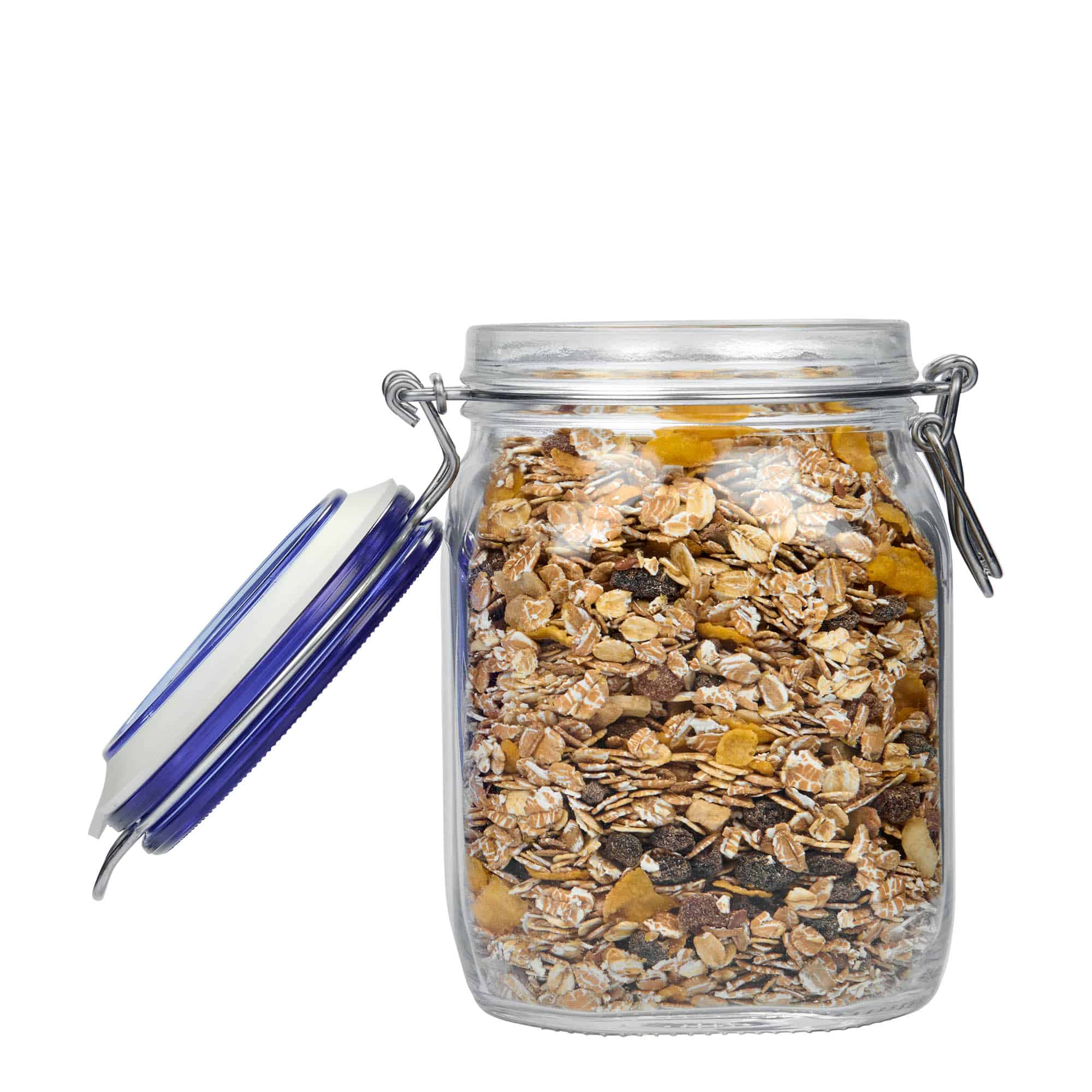 1.000 ml staklena tegla sa žičanim zatvaračem 'Fido' plavi poklopac, kvadratna, otvor: žičani zatvarač