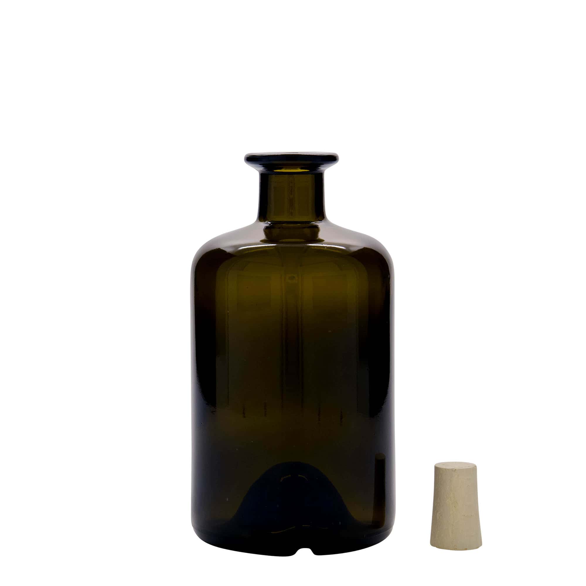 Staklena apotekarska flaša 500 ml, antikno zelena, otvor: Pluto