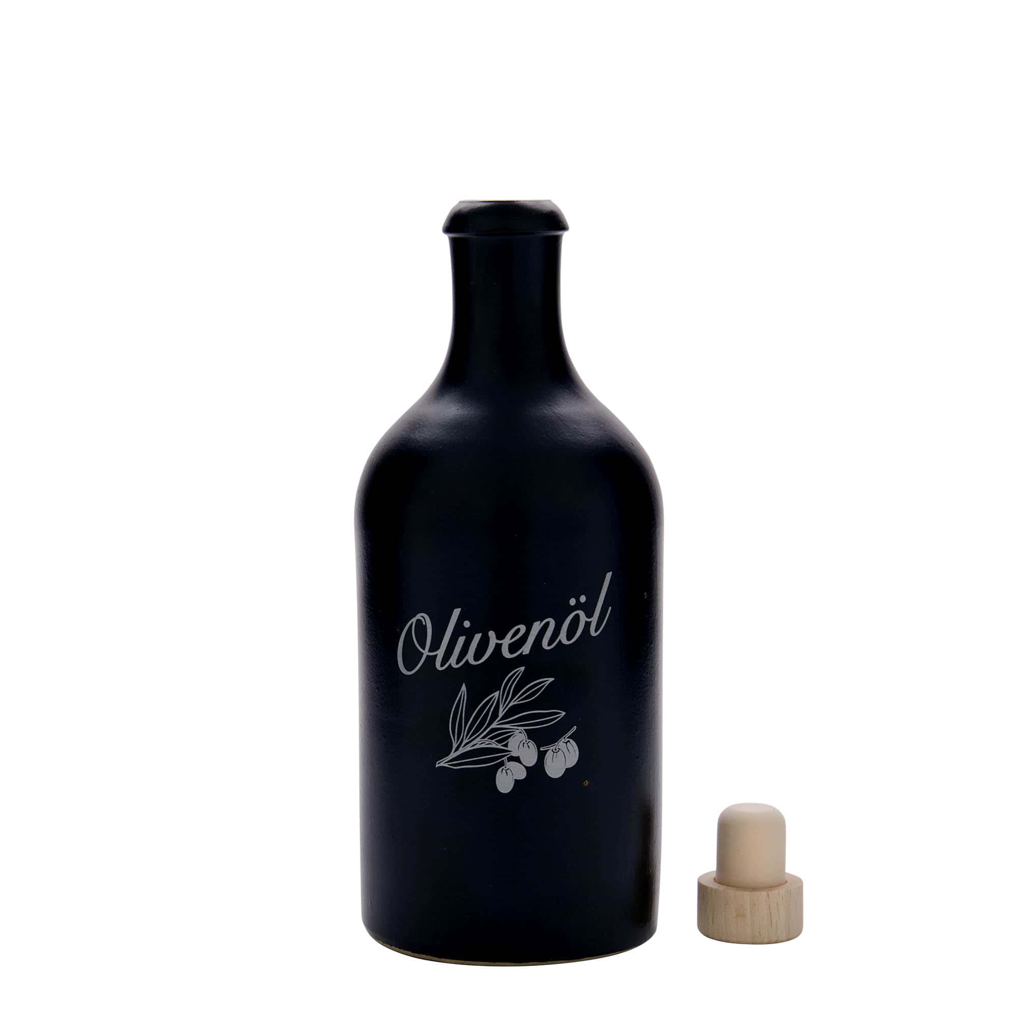 500 ml glineni vrč, motiv: maslinovo ulje, kamenina, crni, grlo: pluta