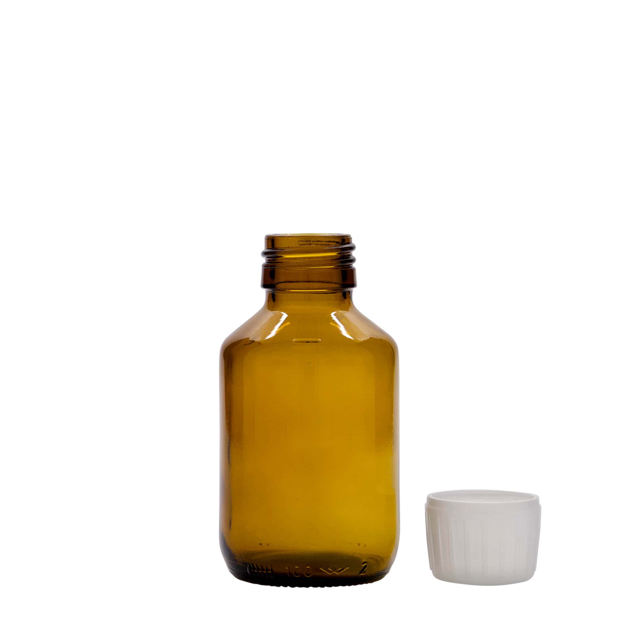 100 ml medicinska boca, smeđa, staklo, grlo: PP 28 100 ml medicinska boca, smeđa, staklo, grlo: PP 28