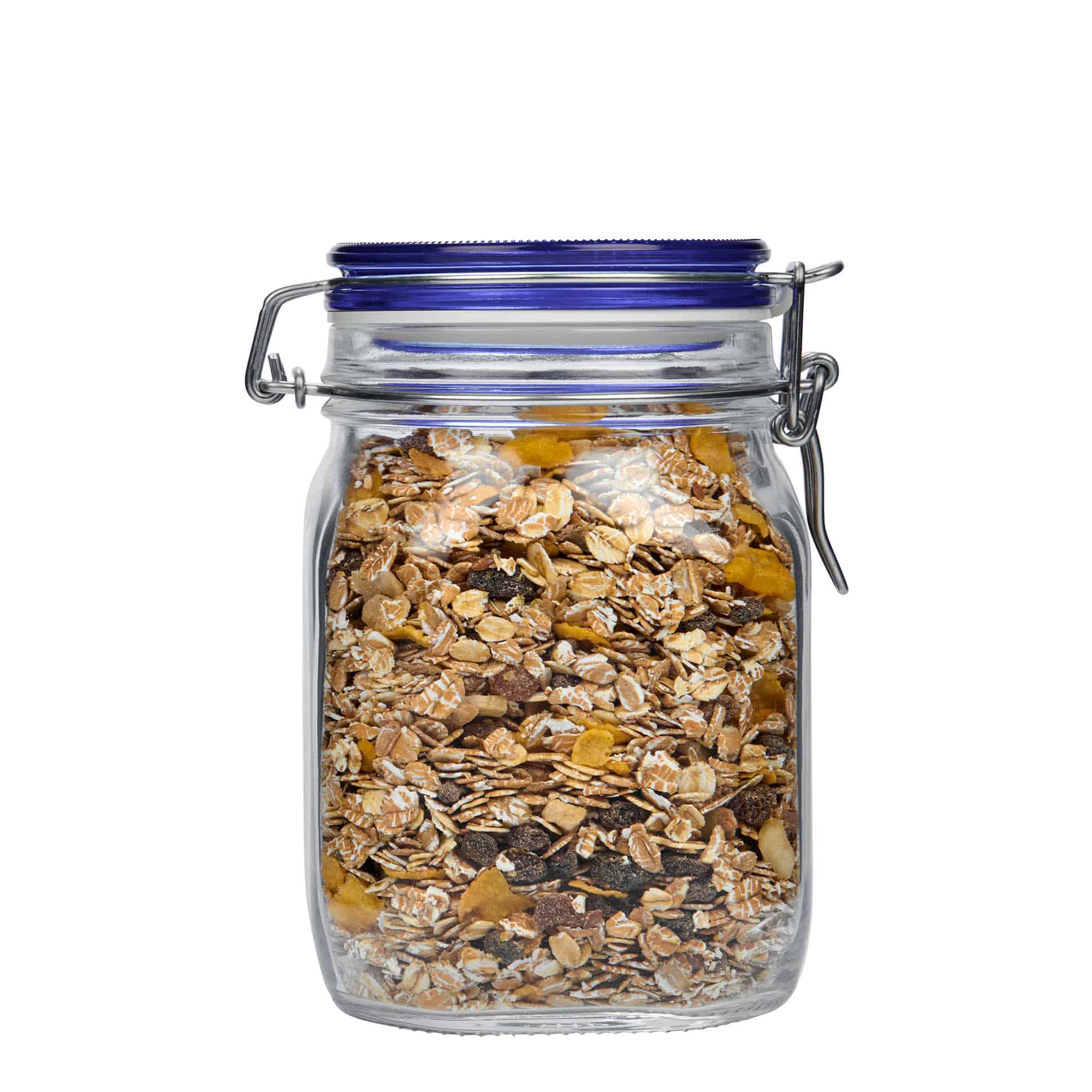 1.000 ml staklena tegla sa žičanim zatvaračem 'Fido' plavi poklopac, kvadratna, otvor: žičani zatvarač