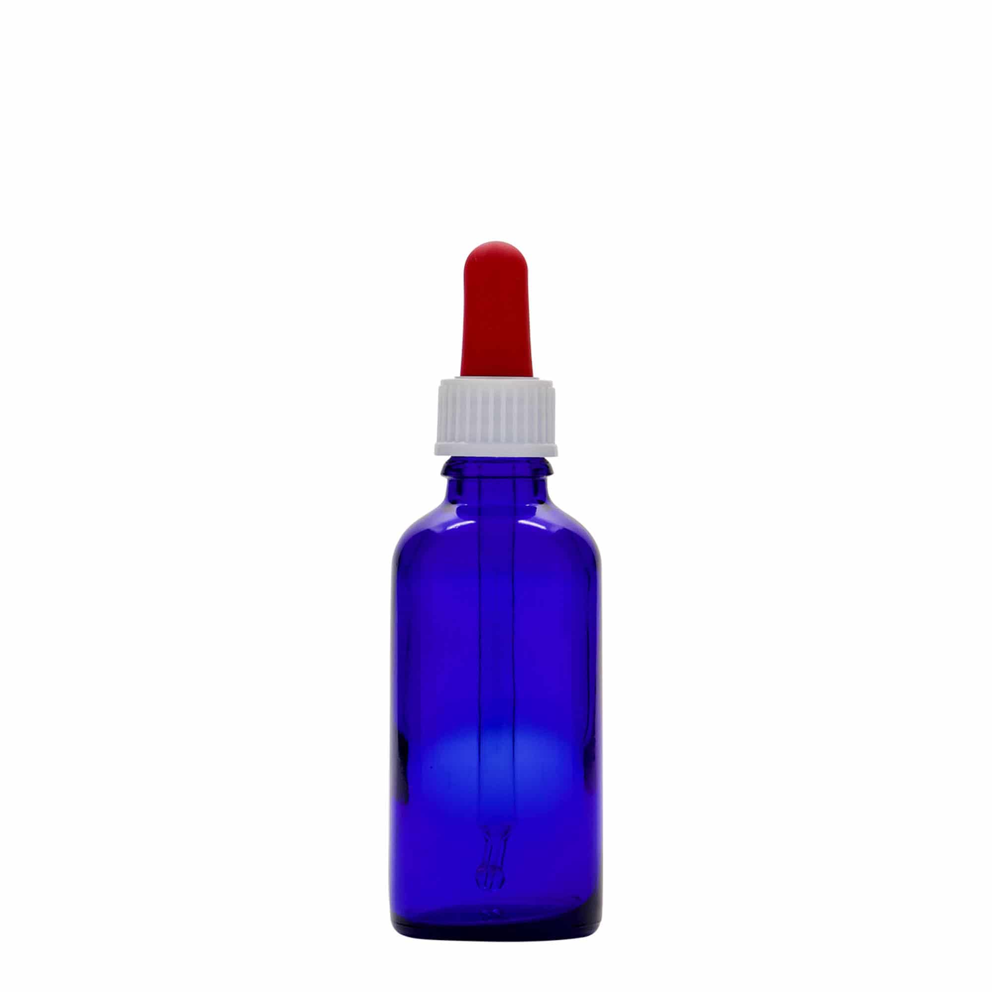 50 ml bočica s pipetom za medicinu, staklena, kraljevsko plava-crvena, grlo: DIN 18